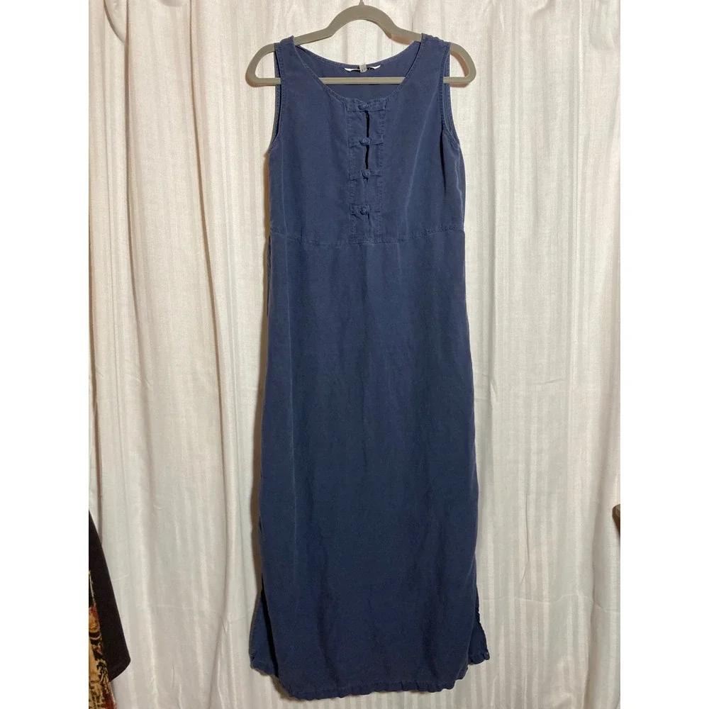 Melrose Studio Blue Tencel Linen Frog Button Empire Waist Maxi Dress Womens M